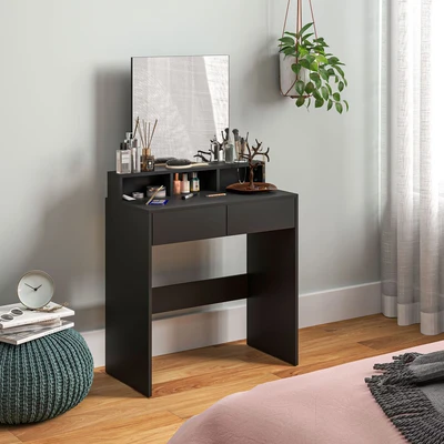 Image of HOMCOM Dressing Table with Mirror, Vanity 2 Drawers, 3 Compartments, for Bedroom, Modern Dresser Makeup Desk Women and Girls, Black