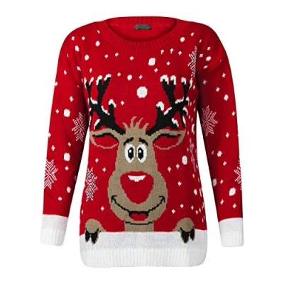 Image of Loxdonz Unisex Kids Christmas Sweater Girls Rudolph Reindeer Print Snowflake Novelty Jumper (7 8 Years, Red)