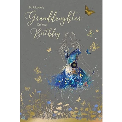 Image of Cherry Orchard Granddaughter Birthday Card To A Lovely Granddaugther On Your Artistic Lady In Gorgeous Blue Floral Dress Flitter &amp; Gold Foil Finish For Her
