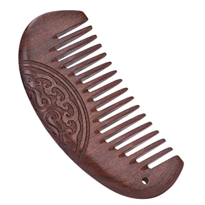Image of Wooden Comb Wide Tooth No Static Natural Sandalwood Hairs Beard Pocket Half Moon Shape Double Carved For Women Men Grooming Detangling