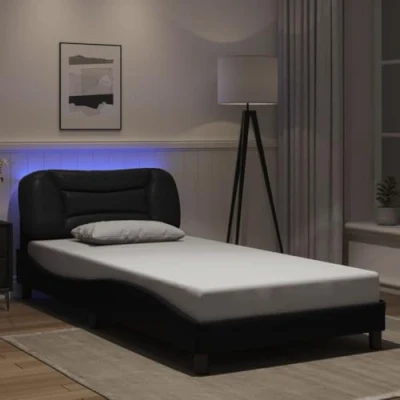 Image of vidaXL Bed Frame with LED Lights Single 100x200 cm Black Faux Leather Plywood Slats Ambient Lighting Stylish Waved Design
