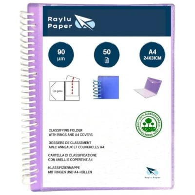Image of Raylu Paper® A4 90 Micron Transparent Ring Binder with Envelope Velcro Closure, Customizable Cover, 100% Biodegradable Sleeve (50 Pockets, Purple)