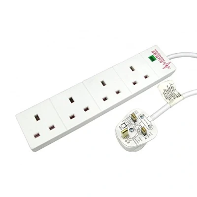Image of World of Data 4 Way Surge Protected Extension Lead White Coloured Neon Indicator 5m Cable BSI codes BS1363/A and BS5733/A