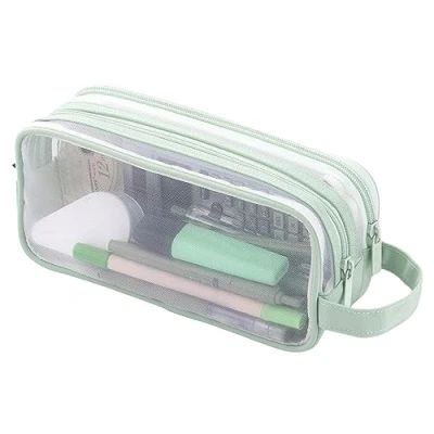 Image of Dirfuny Clear Mesh Pencil Case Large Zipper Bag Stationery Pouch with 2 Compartments Cosmestic Make up for Student School College Office
