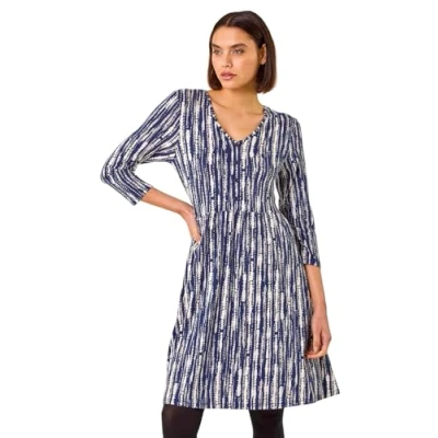 Image of Roman Originals Stretchy Dress for Women UK Ladies Pockets Gathered Waist Ruched Chest Midi Holiday Spring Summer V Neckline Evening Vacation Work Party Going Out Soft Navy Size 18