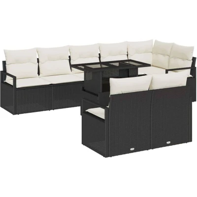 Image of vidaXL 9 Piece Garden Sofa Set with Cushions Black Poly Rattan