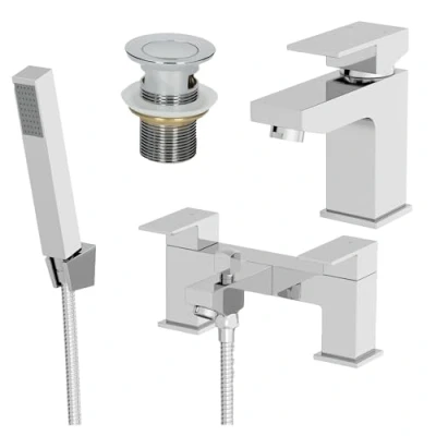 Image of Architeckt® Ibbardo Bathroom Bath Shower Mixer Tap and Basin with Waste Set Deck Mounted Square Twin Lever Handle Modern, Chrome