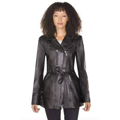 Image of Women&#039;s Black Nappa Leather Long Biker Jacket with Belt 12