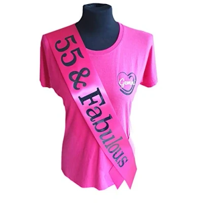 Image of Gemini Ribbons Pink 55 and Fabulous 55th Birthday Sash Holographic Party Womens Mens Gift