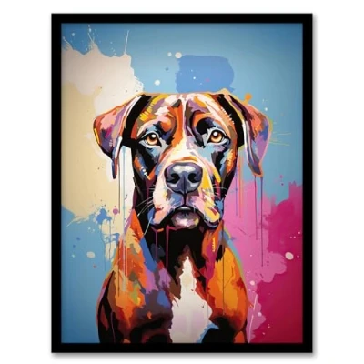 Image of Artery8 Brindle Boxer Dog Lover Gift Pet Portrait Blue Pink Orange Artwork Painting Framed Wall Art Print 18X24 Inch