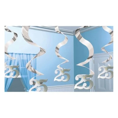 Image of (PKT) Adult 5 Piece Sparkling Silver 25th Anniversary Swirl Decorations 61cm