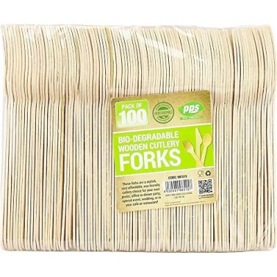 Image of 100 x Enviro Wooden Forks Biodegradable Compostable Disposable Cutlery 100% Birchwood