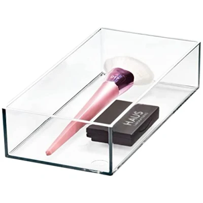 Image of iDesign Storage Drawer from the Signature Series by Sarah Tanno, Rectangular PET Makeup Tray for Beauty Products, Cosmetic Organiser System, Clear/Matte White, 10.2 cm x 20.3 5