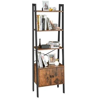 Image of VASAGLE Shelf Ladder, Bookcase, Storage with Cupboard, 4 Tiers, Stable Steel Frame, Living Room, Bedroom, Office, 56 x 34 173 cm, Industrial Style, Rustic Brown LLS47BX