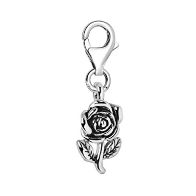 Image of Quiges 3D Rose Flower with Stem Clip On Charm Pendant Silver Plated Women&#039;s Jewellery