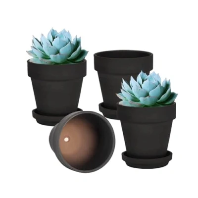 Image of vensovo 15CM Black Terracotta &amp; Clay Pots for Plant with Saucer 4 Pack Medium Terra Cotta Planter Drainage Hole, Flowerpot Indoor Outdoor Plants, Crafts, Wedding Favor