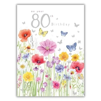 Image of Female 80th Birthday Card for Her Age 80 Artistic Flowers and Butterflies Design Special Finishes Made in the UK Eco Friendly