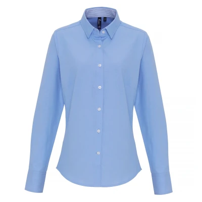 Image of Premier Womens/Ladies Striped Oxford Long Sleeved Formal Shirt (Oxford Blue) Size Large