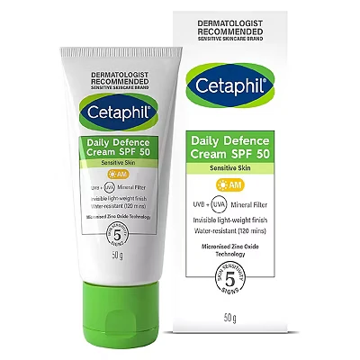 Image of Cetaphil Daily Defence SPF 50 Face Cream, Mineral Sun Fragrance Free and Non Comedogenic, 50g