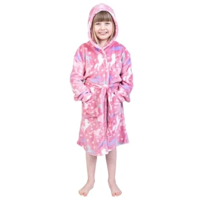 Image of Kids Soft Fleece Bathrobe Hooded Warm Dressing Gown Flannel Bath Robe Boys Girls, 4 5 Years, Horse