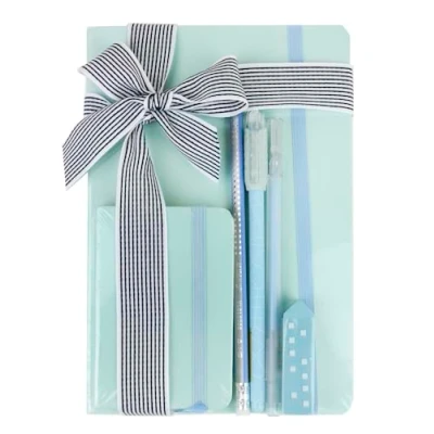 Image of Emartbuy Cool Stationery Unique Gift Set with Pastel A5 and A7 Notebook Journal Gel Pen Pencil in Ribbon Blue