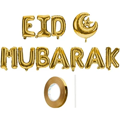 Image of Mubarak Happy Eid Letter Foil Balloons Decoration Balloon Banner Set 16&quot; Metallic Silver Rose Gold (Gold)