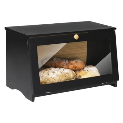 Image of Leader Accessories Bamboo Bread Bin Small Box Food Storage Space for Kitchen Retro 39x21x23cm Black