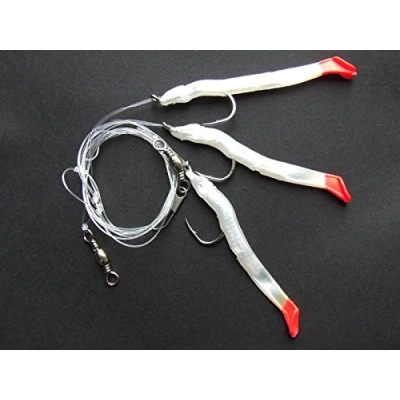 Image of SUPER CATCH SAND EEL RIG LURE 3 x 6/0 HOOK BOAT BASS COD SEA FISHING LINE CLIP