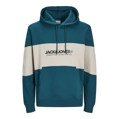 Image of JACK &amp; JONES Men&#039;s Jjelegacy Sweat Hood Noos Sweatshirt, Deep Teal/Detail: Blocking, M