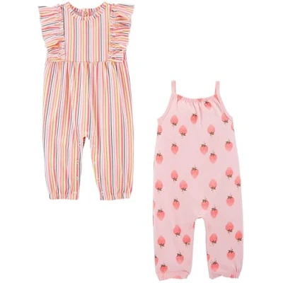 Image of Simple Joys by Carter&#039;s Girls 2 Pack Fashion Jumpsuits, Pink Strawberries/White Vertical Stripes, 0 Months (Pack of 2)