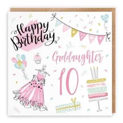 Image of Hunts England Goddaughter 10th Birthday Card Happy 10 Party Collection Fun, Pink Dress, Cake Pretty