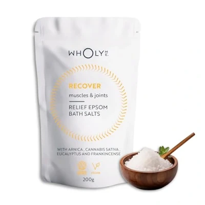 Image of WholyMe Epsom Salt Bath Salts Natural Soak for Muscle and Joint Recovery with Arnica, Frankincense Eucalyptus Essential Oil Relaxing Christmas Gifts Women Men 200g