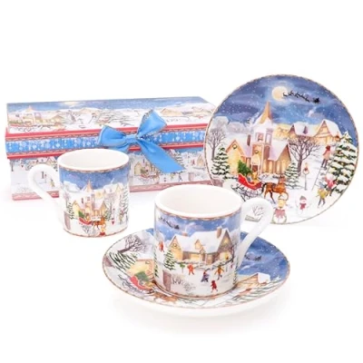 Image of Christmas Concepts® Festive Village Scene Deluxe Ceramic Tableware Range 2 x 3oz Espresso Cup &amp; Saucer Set with Matching Decorative Gift Box
