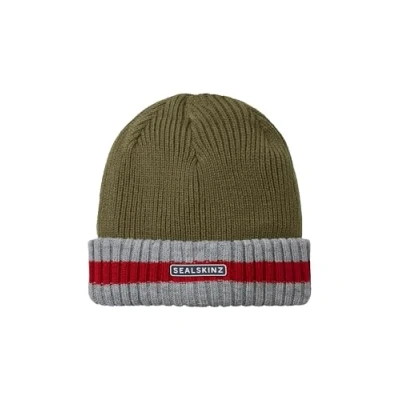 Image of Sealskinz Holkham Unisex Waterproof Cold Weather Striped Roll Cuff Beanie Hat for Everyday &amp; Outdoor Activities Warm Fleece Lining Three Layer Insulation Technology Olive
