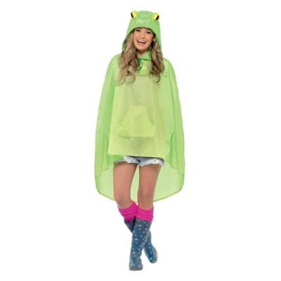Image of Smiffys Frog Party Poncho, Green with Drawstring Bag, Poncho Fancy Dress, Animal Dress Up Costumes