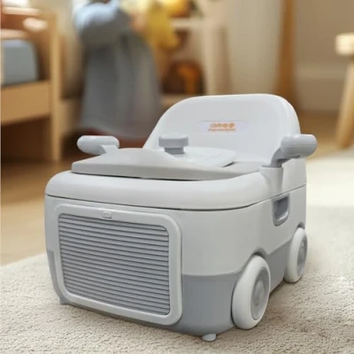 Image of Baby Potty Toilet Training Seat with Handles/Foot Stool/High Back Support, Foldable Portable Chair Night Light Guard Handle Soft Cushion for Kids Aged 6 Months to Years Old (White)