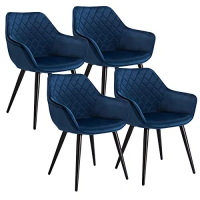 Image of WOLTU Set of 4 x Dining Chairs Blue Kitchen Side Upholstered Velvet Seat for Counter Lounge Living Room Corner Accent with Arms &amp; Back Support Metal Legs Reception