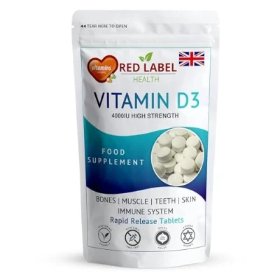 Image of Red Label Health Vitamin D3 4000 IU, Pack of 180 D Tablets (6 Months Supply), Healthy Teeth &amp; Bones, Supports Immune System, High Strength Supplement for Men Women, UK Made