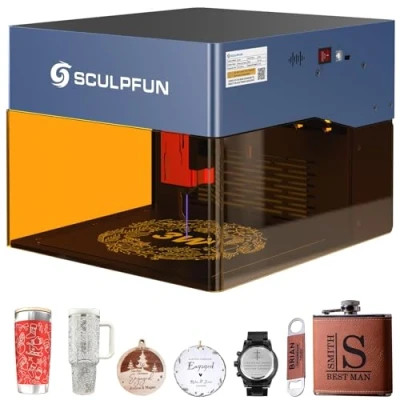 Image of SCULPFUN iCube 3W Mini Desktop Laser Engraver, Engraving Machine with 0.02mm Focus, 10000mm/min High Speed, Cutter Smoke Filter, Eye Protection Shield, Area 130x130mm