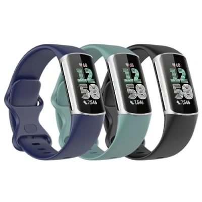 Image of Astorgos 3 Pack Straps Compatible with Fitbit Charge 6/Fitbit 5 for Women Men, Soft TPE Watch Strap Replacement Band, Black/Dark Blue/Pine Green