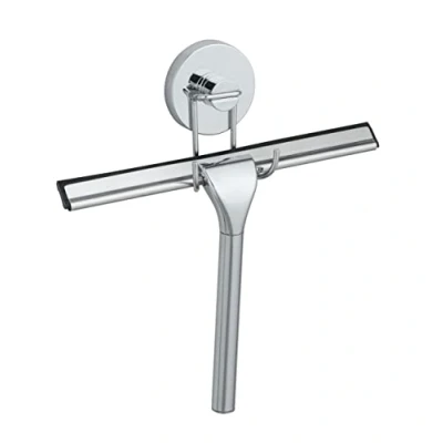Image of WENKO 20877100 Vacuum Loc® bathroom squeegee fixing without drilling, double wiper lip, Steel, 25 x 21.5 6 cm, Chrome