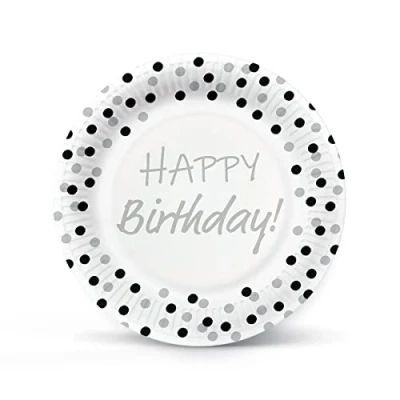 Image of PAW Paper Plates (23 cm) I 8 Pieces Colourful Disposable Ideal for Weddings Communions Parties Birthdays Printed with Water Based Inks Colour: Birthday Confetti (Silver Black)