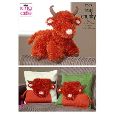 Image of King Cole 9089 Knitting Pattern Highland Cow Toy &amp; Cushion Covers in Tinsel Chunky