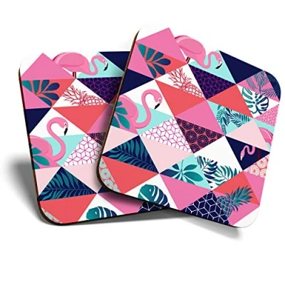 Image of 2 x MDF Glossy Top Coasters Square Pink Flamingo Tropical Bird 12886