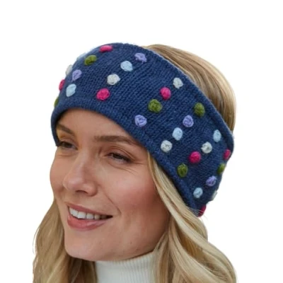 Image of Pachamama Women Wool Ear Warmer Headband Fleece Lined Handknitted Roses Spots Embroidered Multicoloured One Size Handmade Fair Trade (Denim, Wool)