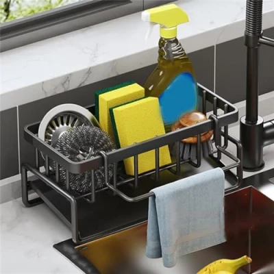Image of Kitchen Sink Organiser, 1PCS Caddy, Caddy with Drain Tray, Sponge Holder Organizer, Dishcloth Hanger, Cleaning Organiser for Storage, Black