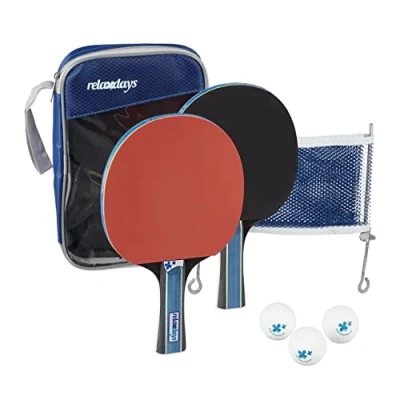Image of Relaxdays Table Tennis Set, Case with Net, 2 Wooden Bats, 3 Ping Pong Balls, Mini Tennis, Black/Red