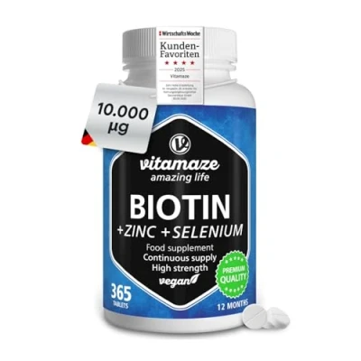 Image of Biotin Hair Growth 10.000 mcg with Selenium and Zinc 365 Days Supply for Hair, Skin Nails Vegan Tablets German Quality Vitamaze®