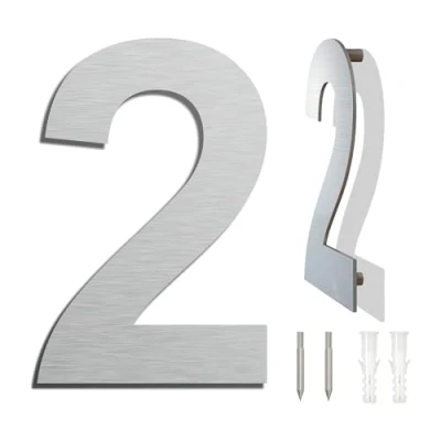 Image of Brushed Modern House Number 6 Inch 152mm Height, Made of solid 304 Stainless Steel, Floating Appearance and Easy to install (Number 2 Two)
