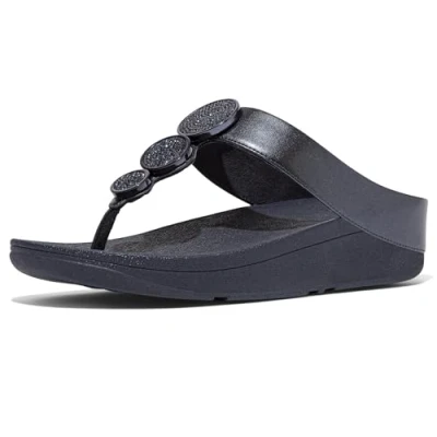 Image of FitFlop Women&#039;s Halo Bead Circle Metallic Toe Post Sandals Wedge, Midnight Navy, 7 UK